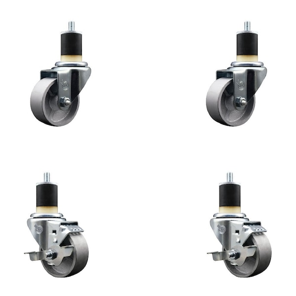 3'' Semi Steel Wheel Swivel 1-7/8'' Expanding Stem Caster Set 2 Brakes, 4PK